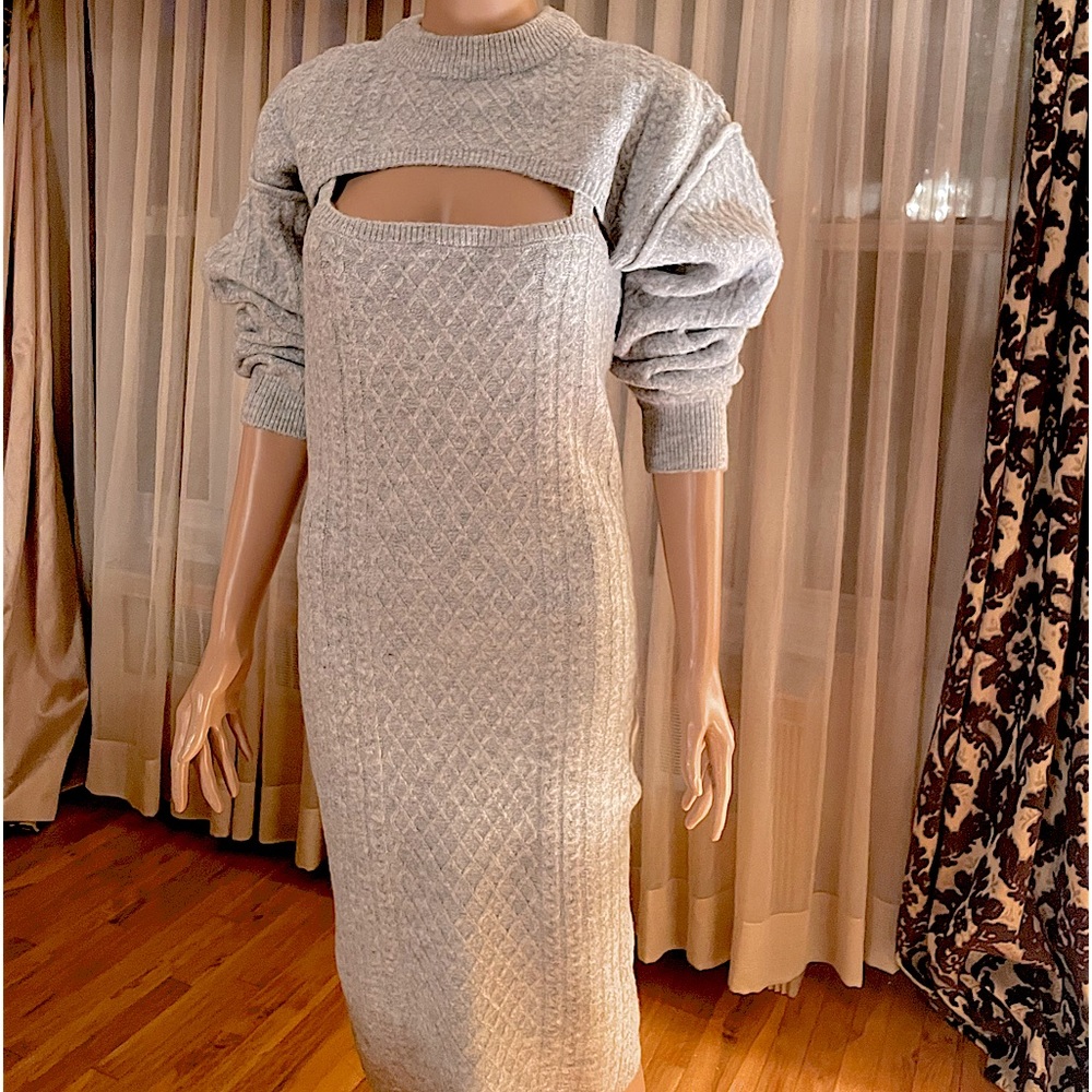 2 piece grey knit dress and cropped sweater. L. Peephole look. Dolman sleeve.